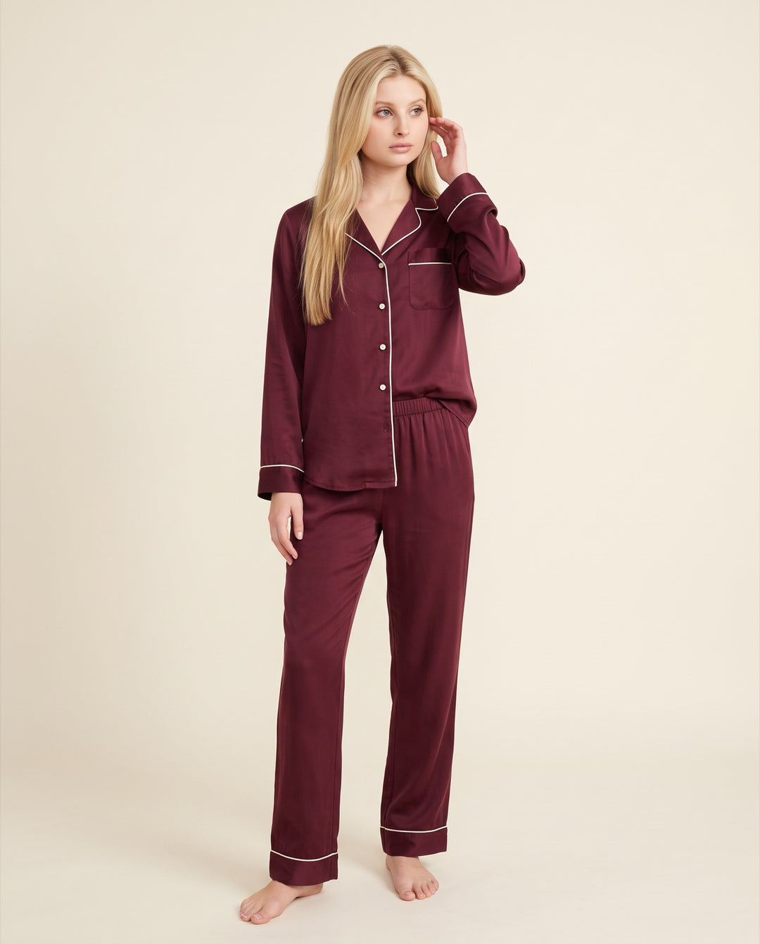 Piped Satin Long-Sleeve Pajama Set