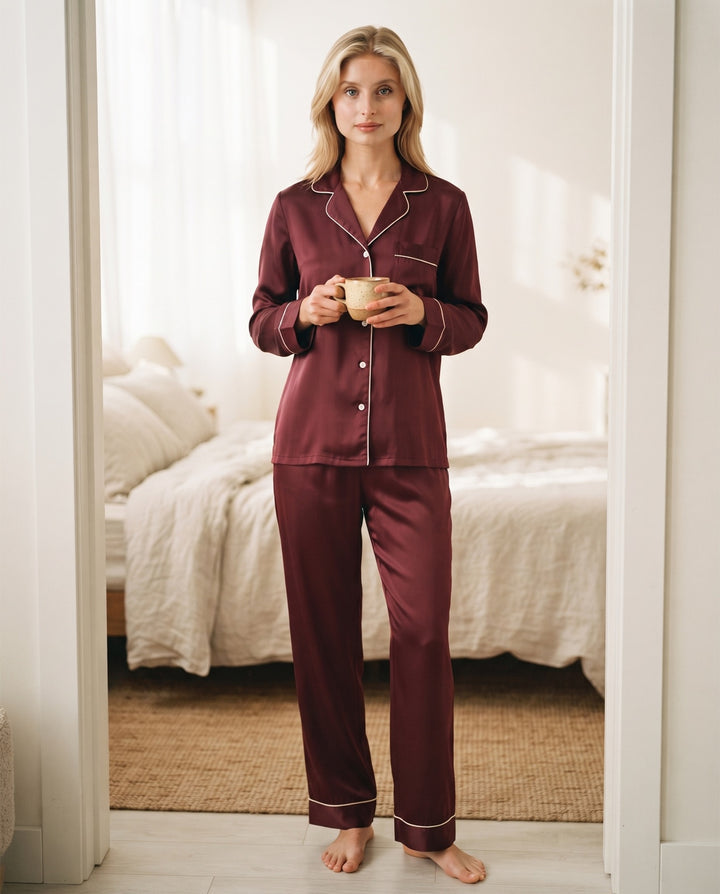 Piped Satin Long-Sleeve Pajama Set