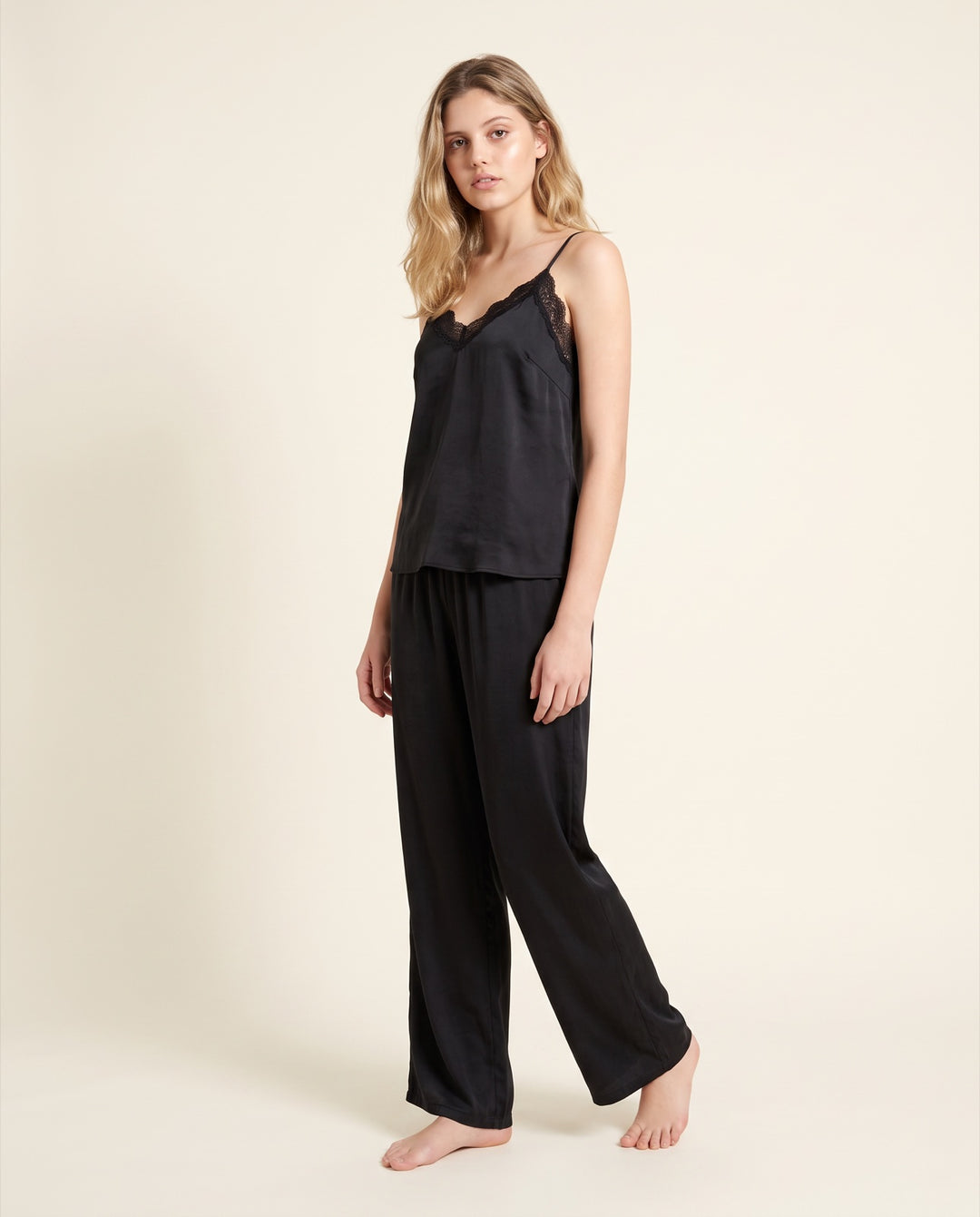 Lace-Edge Satin Cami Pajama Pant Set