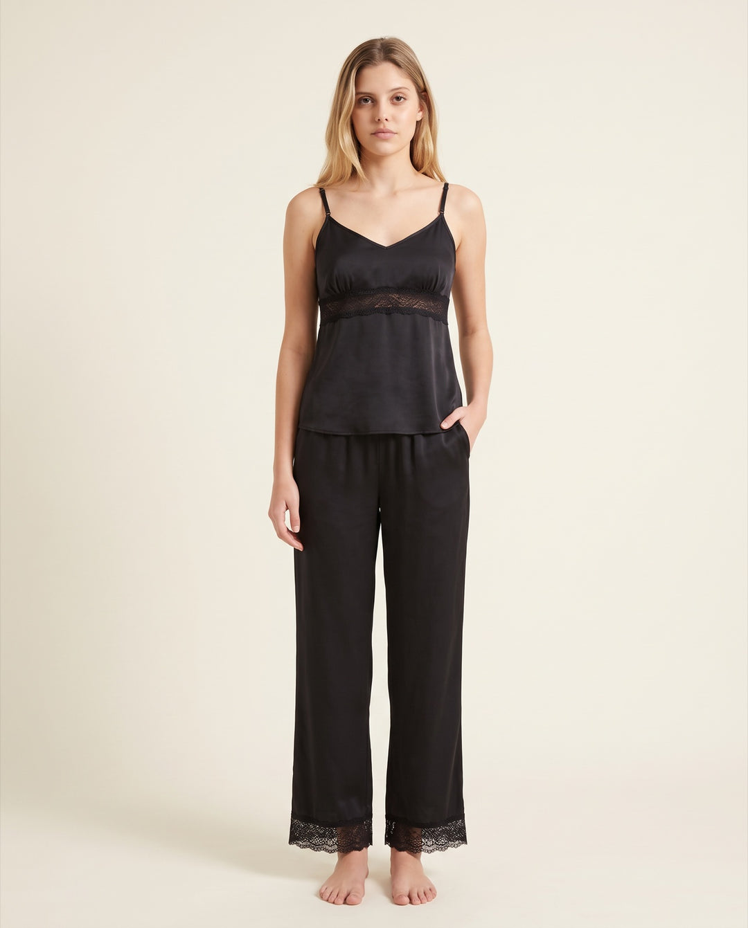 Lace-Edge Satin Cami Pajama Pant Set