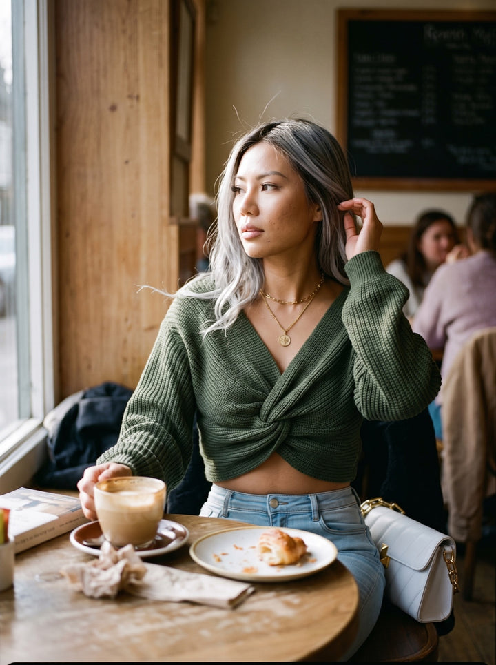 Knotted V-Neck Crop Sweater