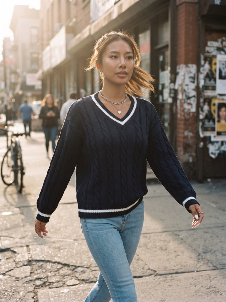 Twist-Knit V-Neck Sweater
