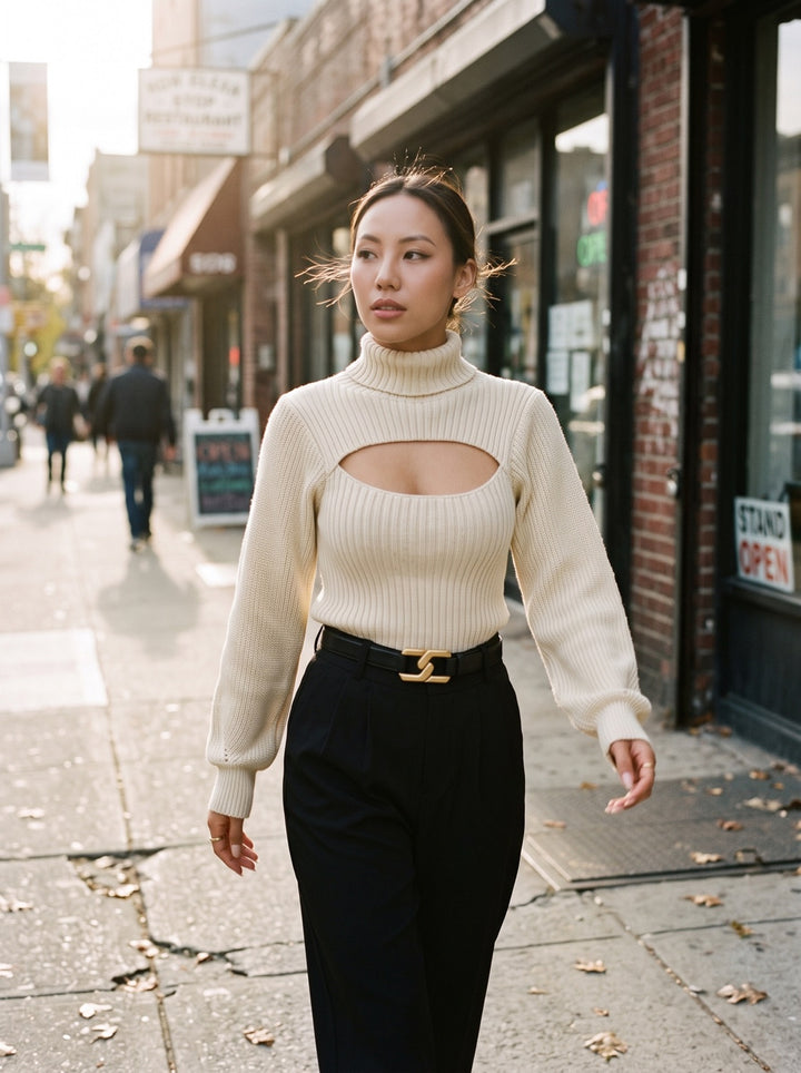 High-Neck Open-Knit Sweater