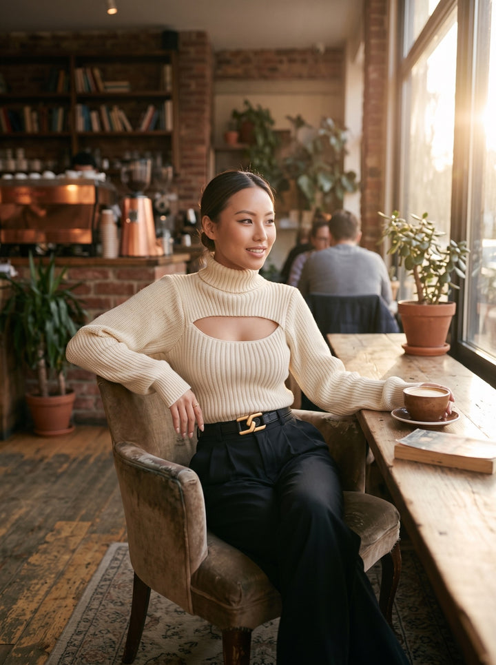 High-Neck Open-Knit Sweater