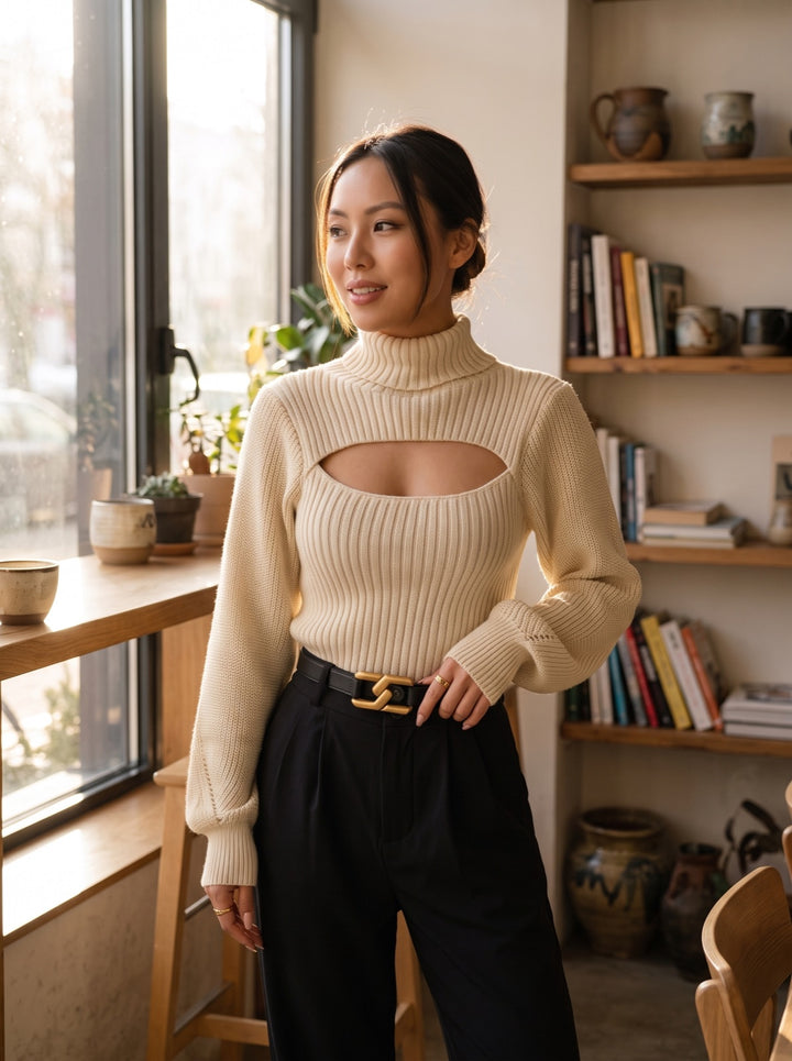 High-Neck Open-Knit Sweater