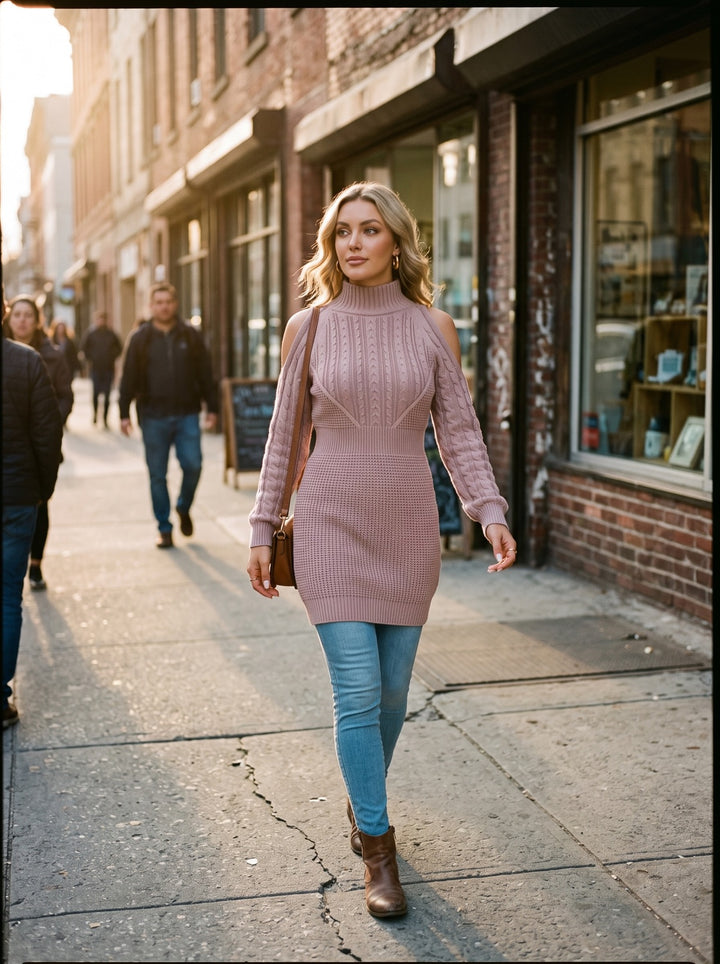 High-Neck Knit Sweater Dress