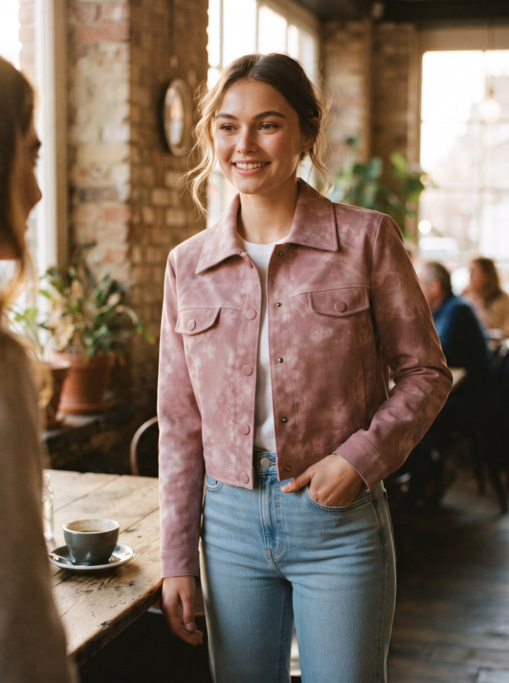 Cropped Suede-Look Trucker Jacket