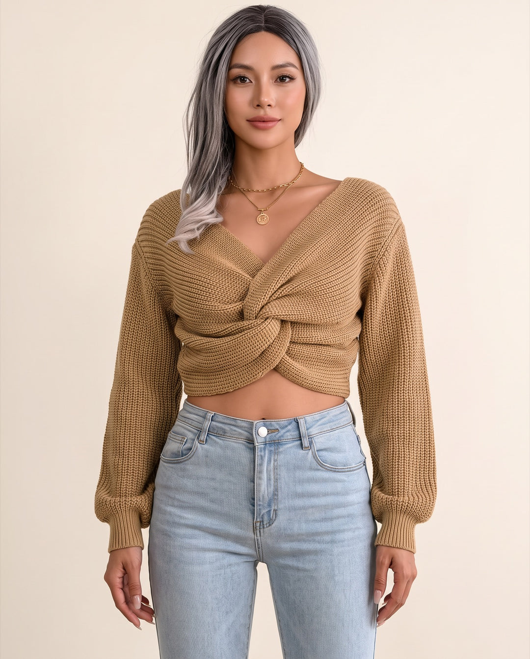Twist-Knot V-Neck Crop Sweater in Khaki - NOÉLLA