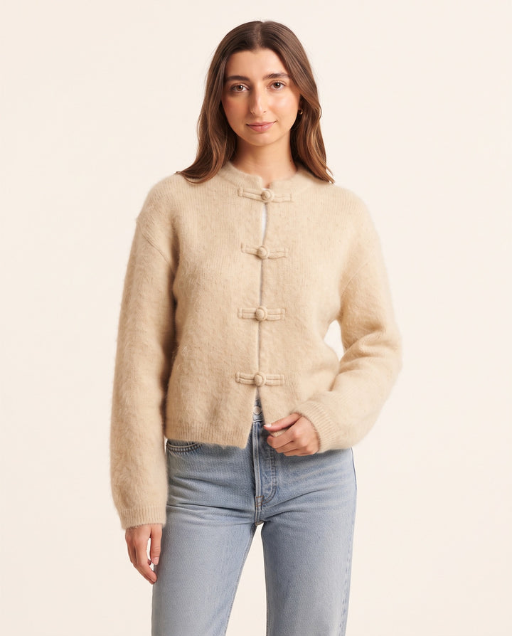 Frog-Button Vintage Knit Cardigan in Apricot - NOÉLLA