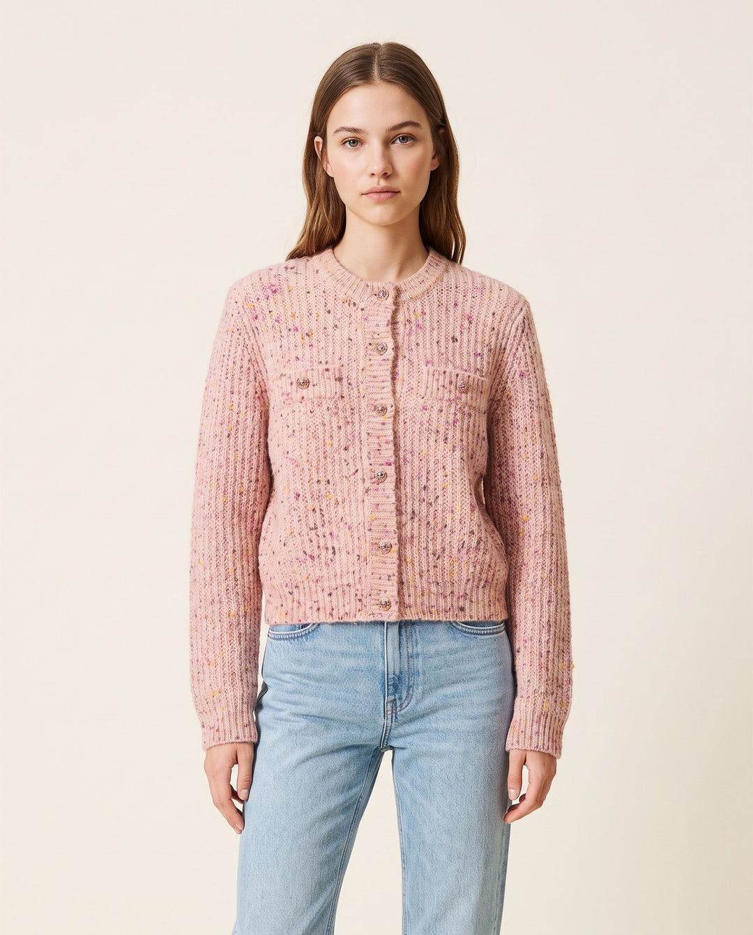 Frog-Button Vintage Knit Cardigan in Pink - NOÉLLA