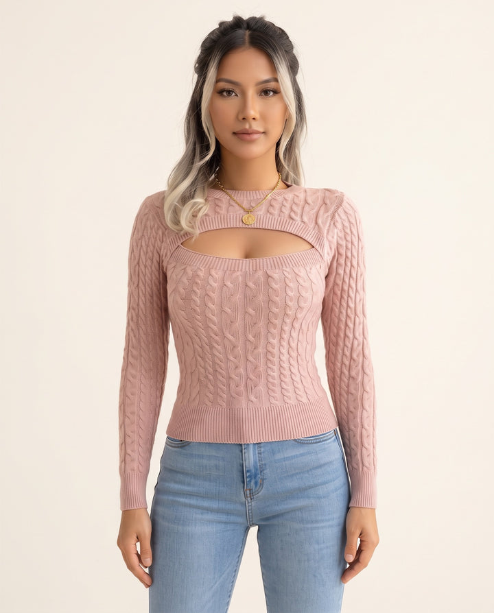Hollow-Knit Long-Sleeve Sweater in Pink - NOÉLLA