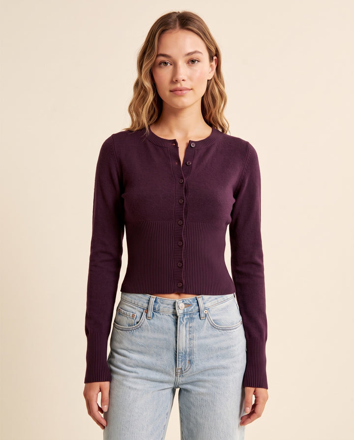 Ribbed Button Crop Cardigan in Purple - NOÉLLA