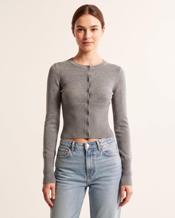 Ribbed Button Crop Cardigan in Dark Gray - NOÉLLA