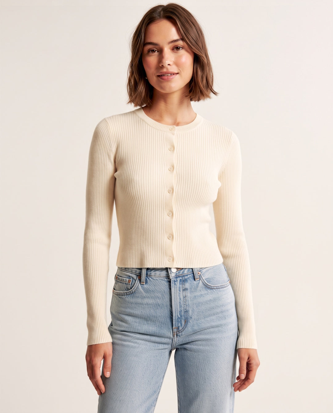 Ribbed Button Crop Cardigan in Apricot - NOÉLLA
