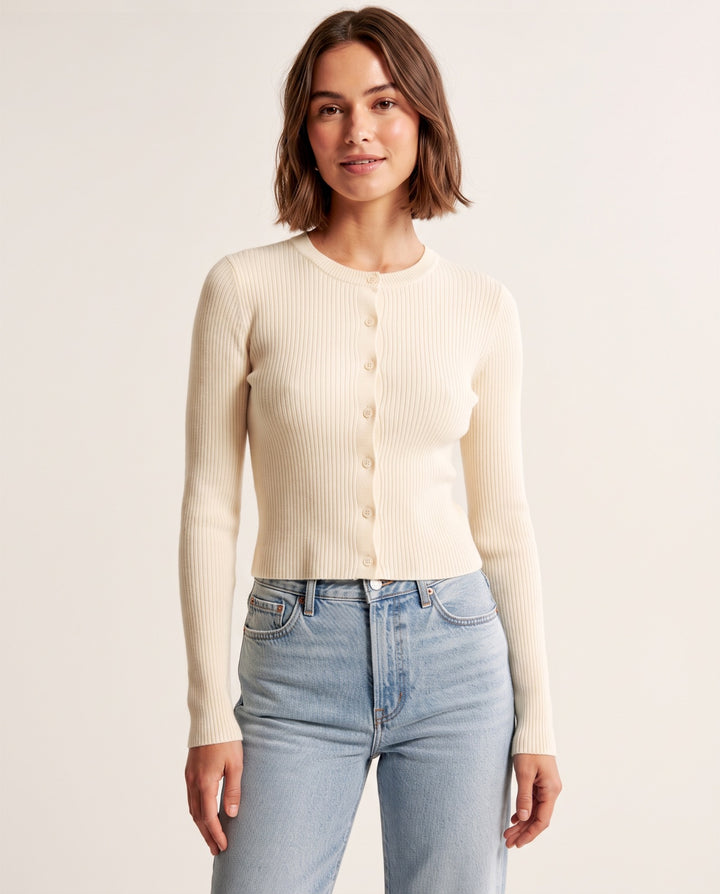 Ribbed Button Crop Cardigan in Apricot - NOÉLLA