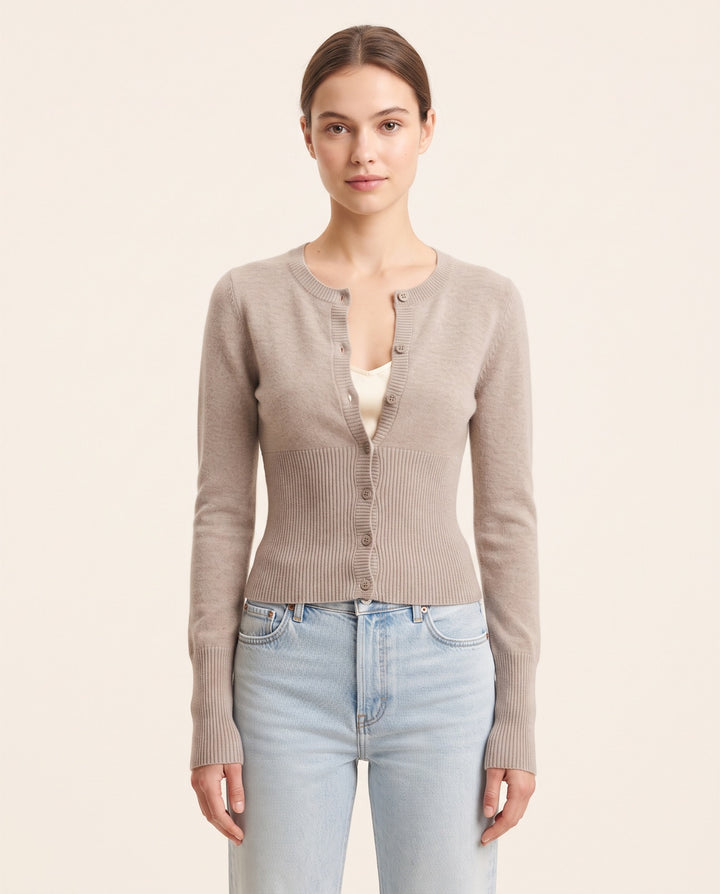 Ribbed Button Crop Cardigan in Light Brown - NOÉLLA