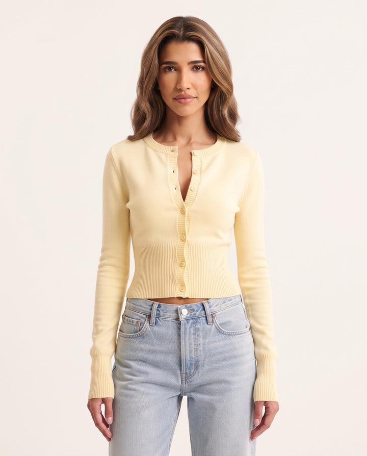 Ribbed Button Crop Cardigan in Yellow - NOÉLLA