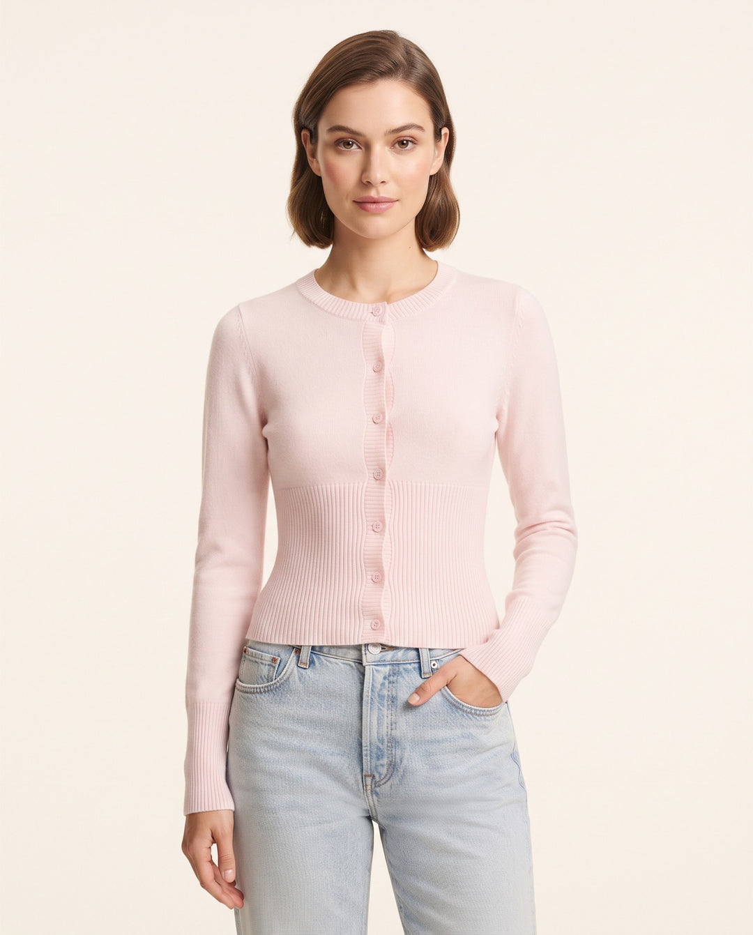 Ribbed Button Crop Cardigan in Pink - NOÉLLA