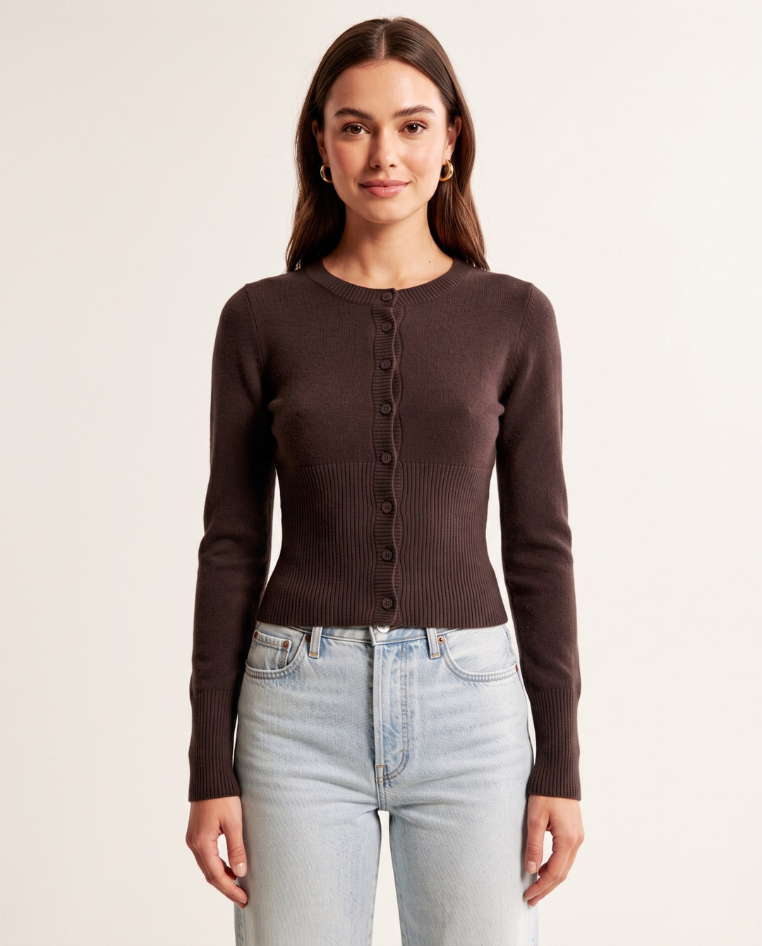 Ribbed Button Crop Cardigan in Brown - NOÉLLA