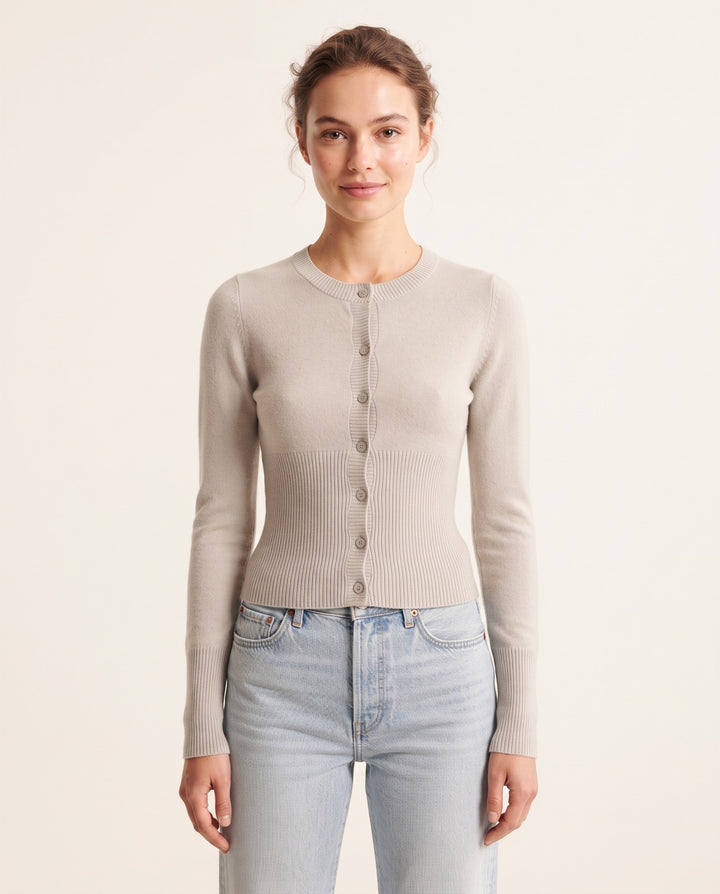Ribbed Button Crop Cardigan in Light Gray - NOÉLLA