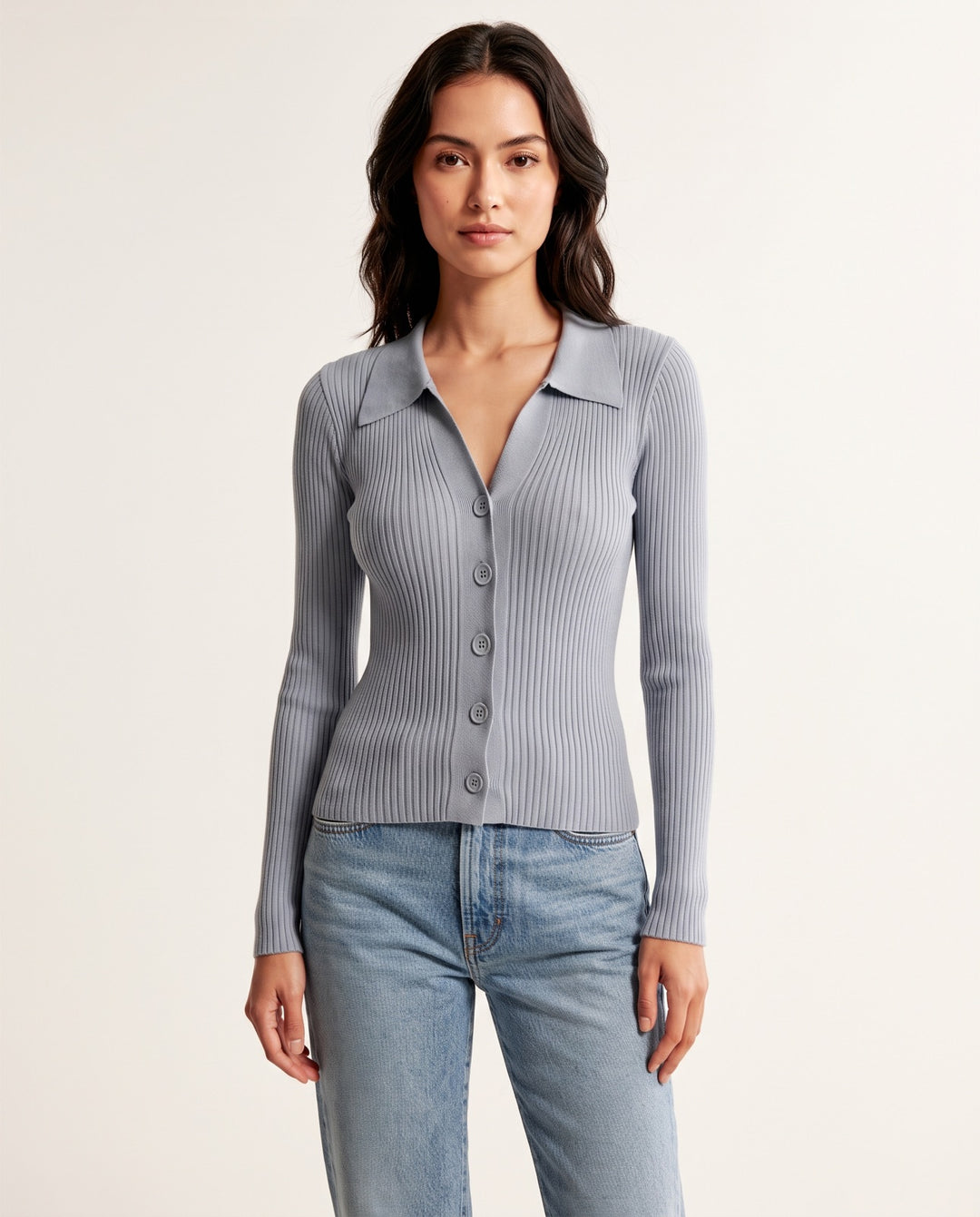 Polo-Collar Button Knit Cardigan in Gray - NOÉLLA
