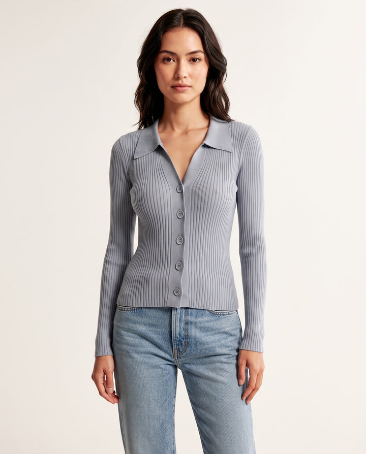 Polo-Collar Button Knit Cardigan in Gray - NOÉLLA