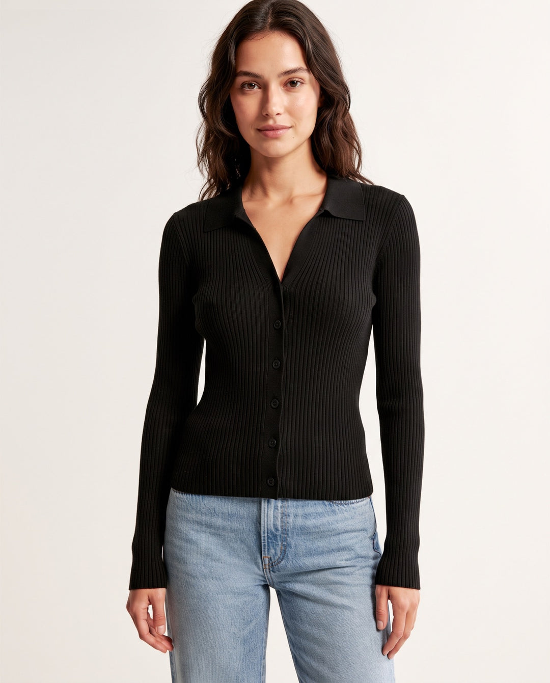 Polo-Collar Button Knit Cardigan in Black - NOÉLLA
