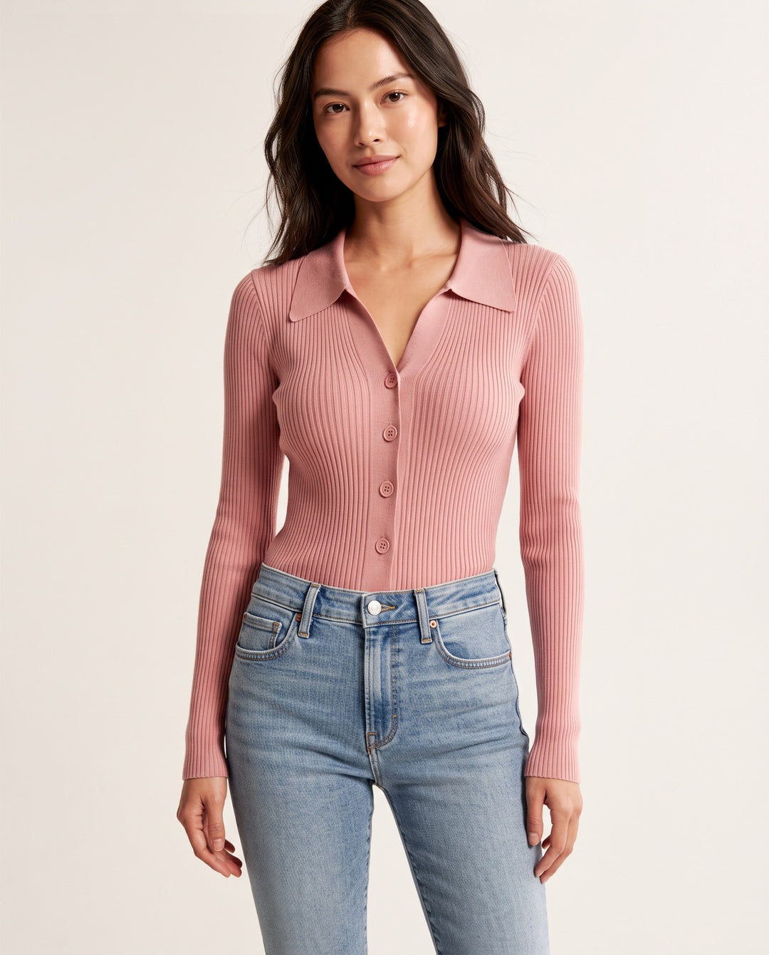 Polo-Collar Button Knit Cardigan in Pink - NOÉLLA