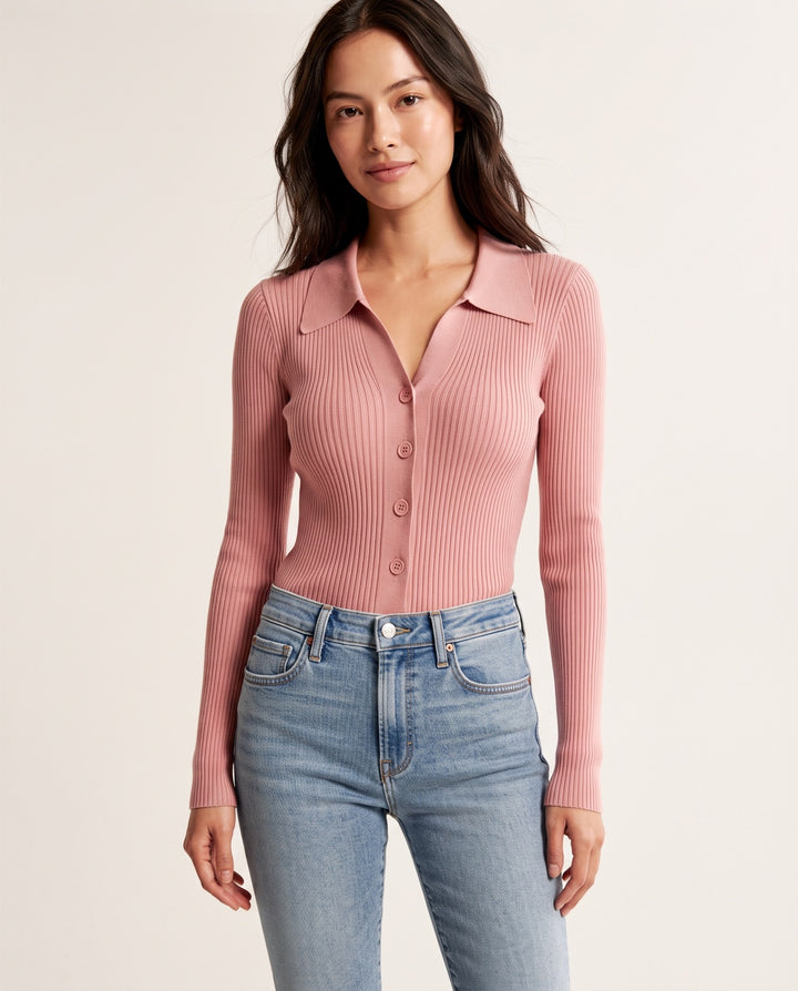 Polo-Collar Button Knit Cardigan in Pink - NOÉLLA