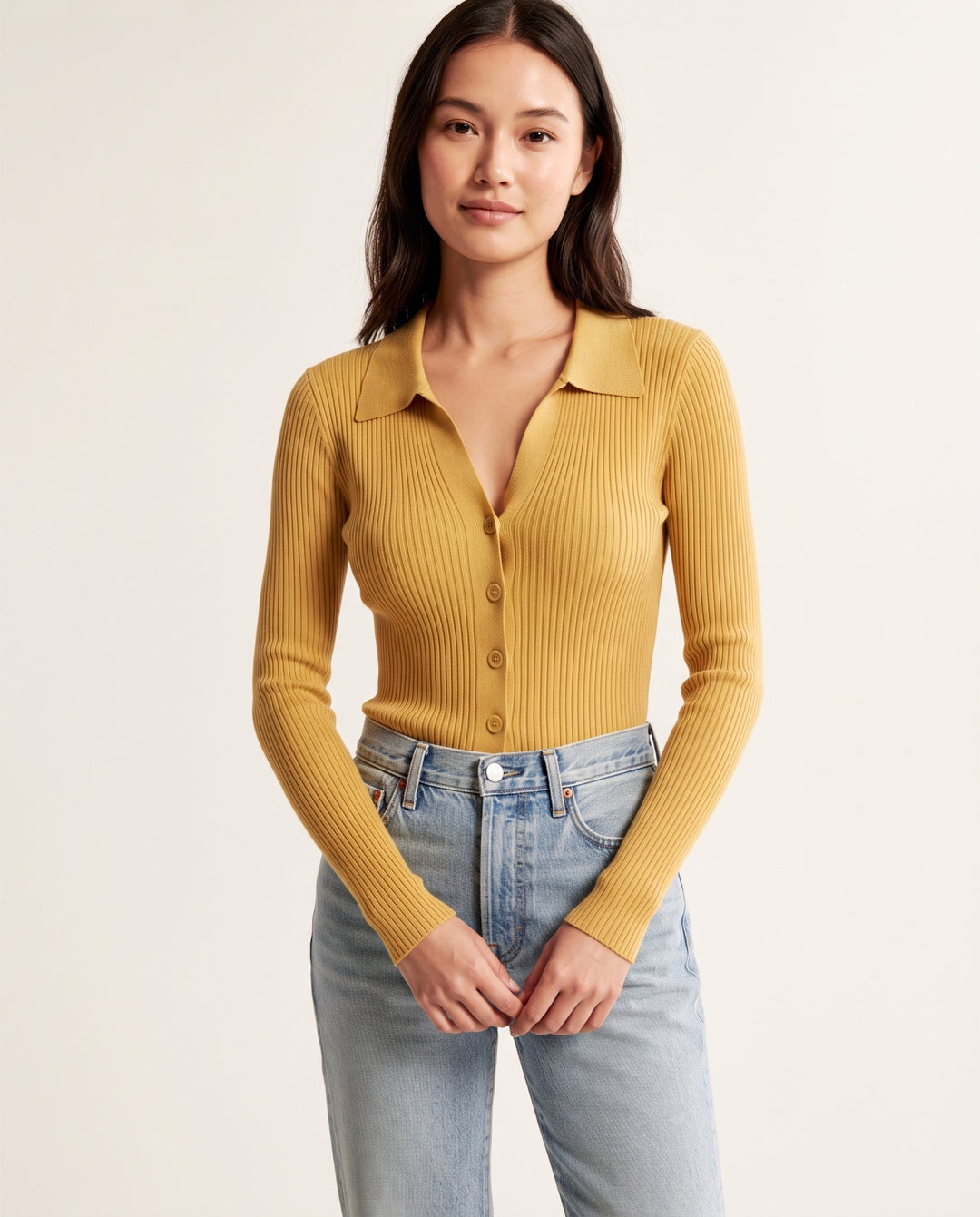 Polo-Collar Button Knit Cardigan in Yellow - NOÉLLA