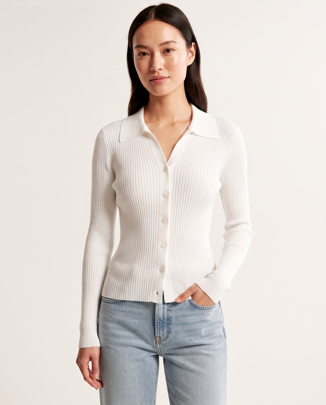 Polo-Collar Button Knit Cardigan in White - NOÉLLA