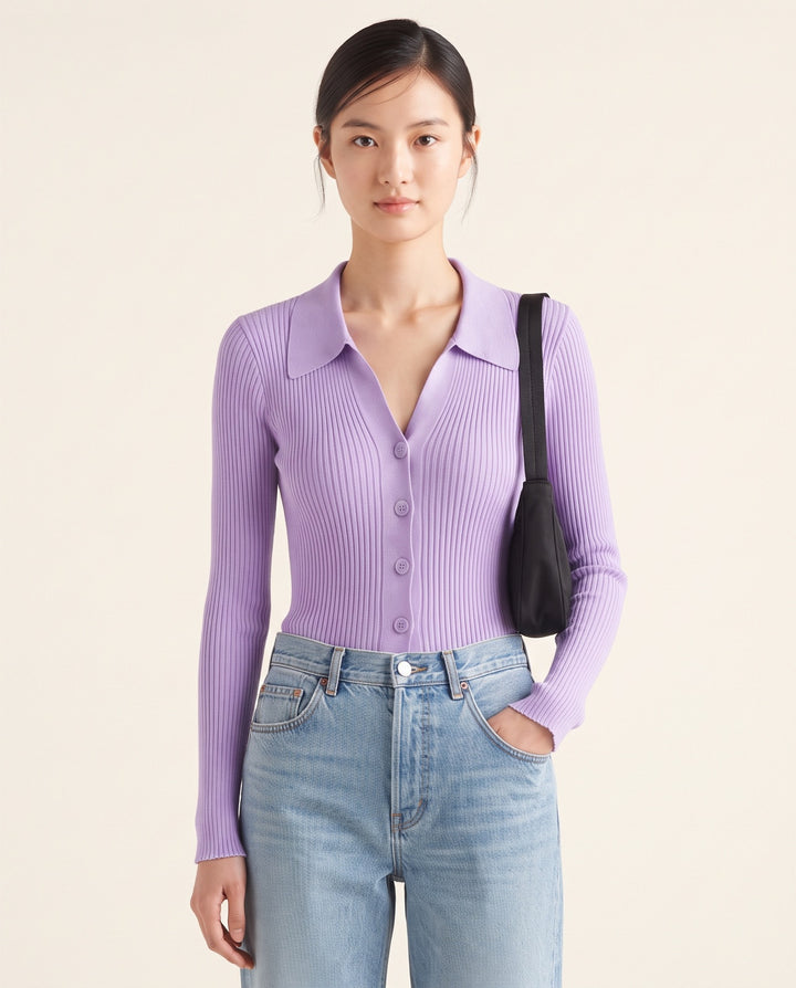 Polo-Collar Button Knit Cardigan in Violet - NOÉLLA