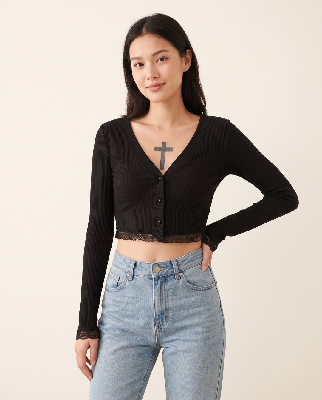 Lace-Trim V-Neck Cardigan