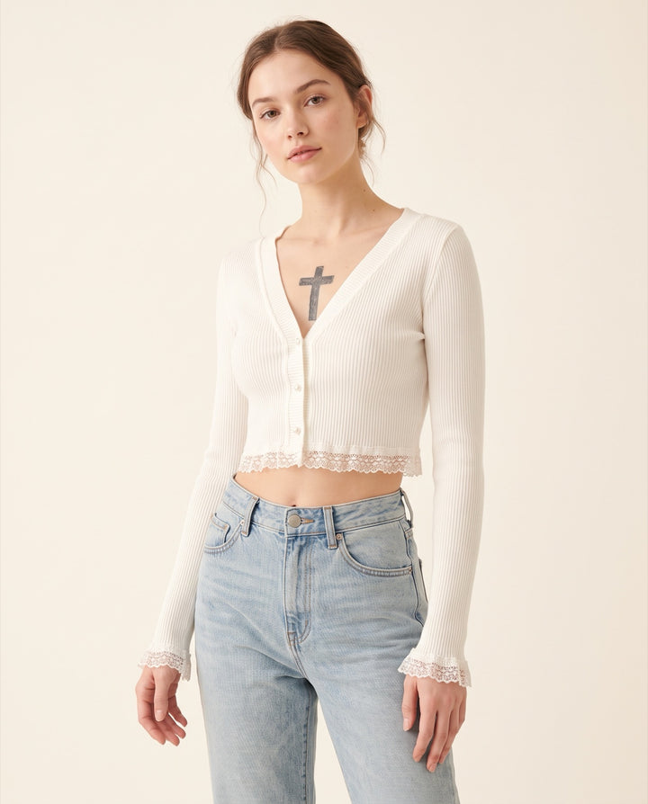 Lace-Trim V-Neck Cardigan