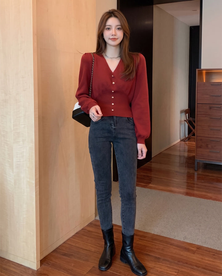 V-Neck Button Pullover