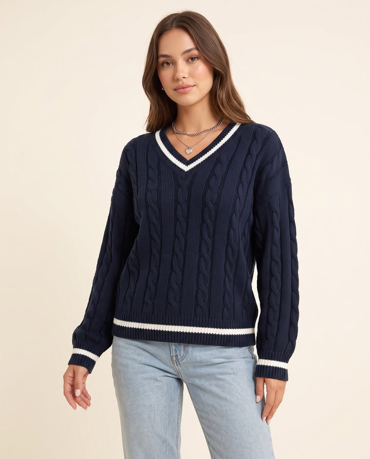 Twist-Knit V-Neck Sweater