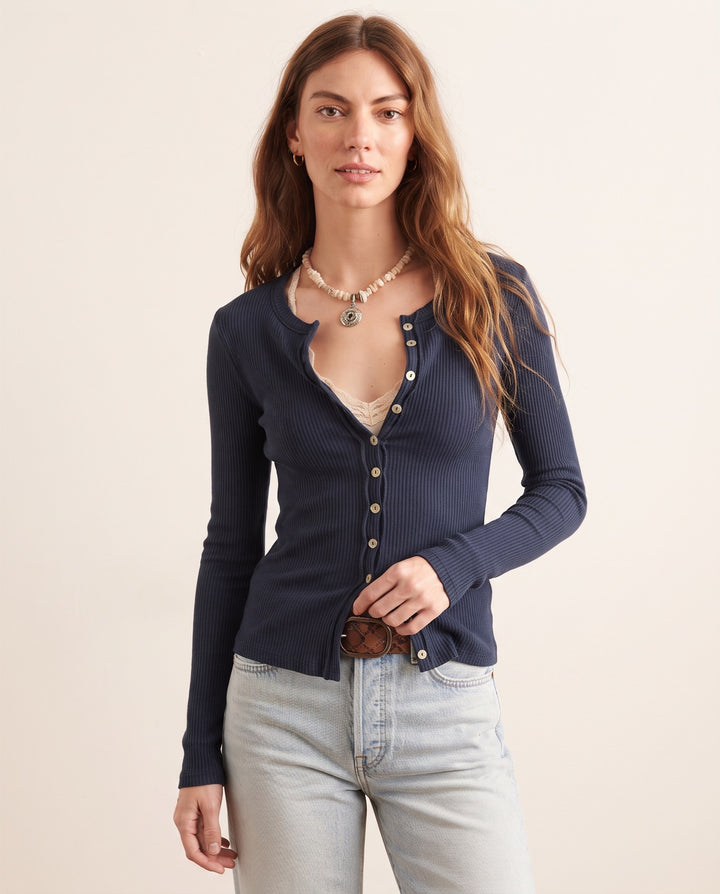Crew-Neck Ribbed Cardigan