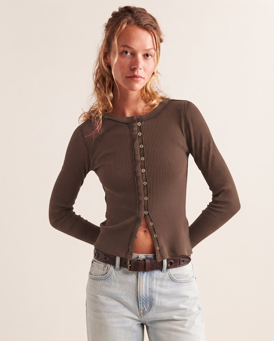 Crew-Neck Ribbed Cardigan