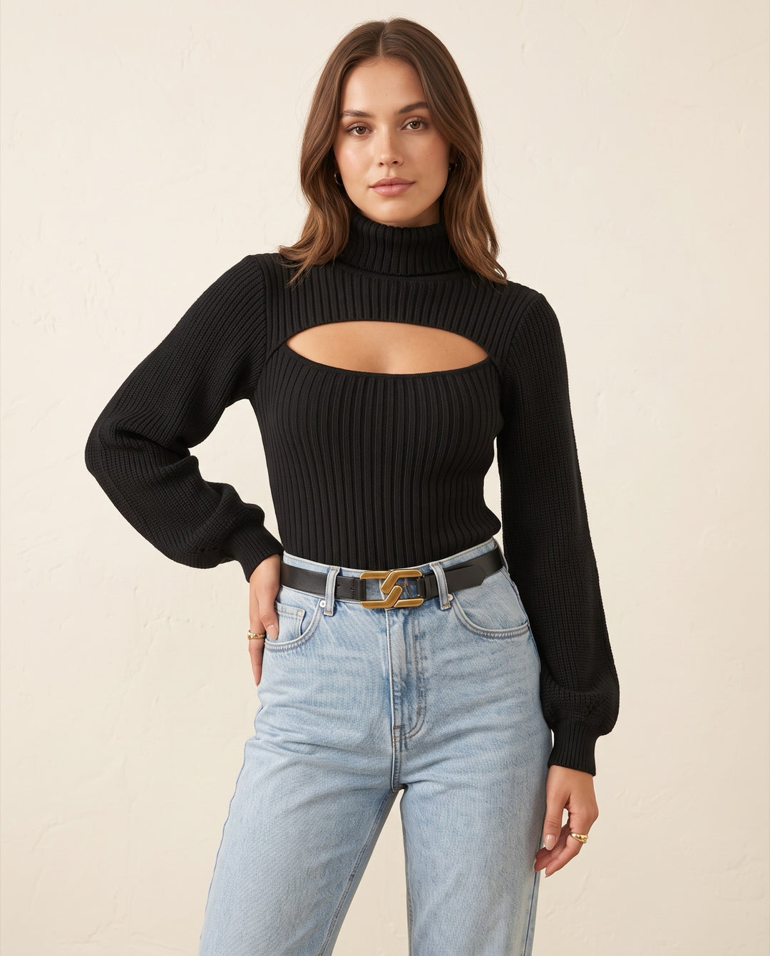 High-Neck Open-Knit Sweater