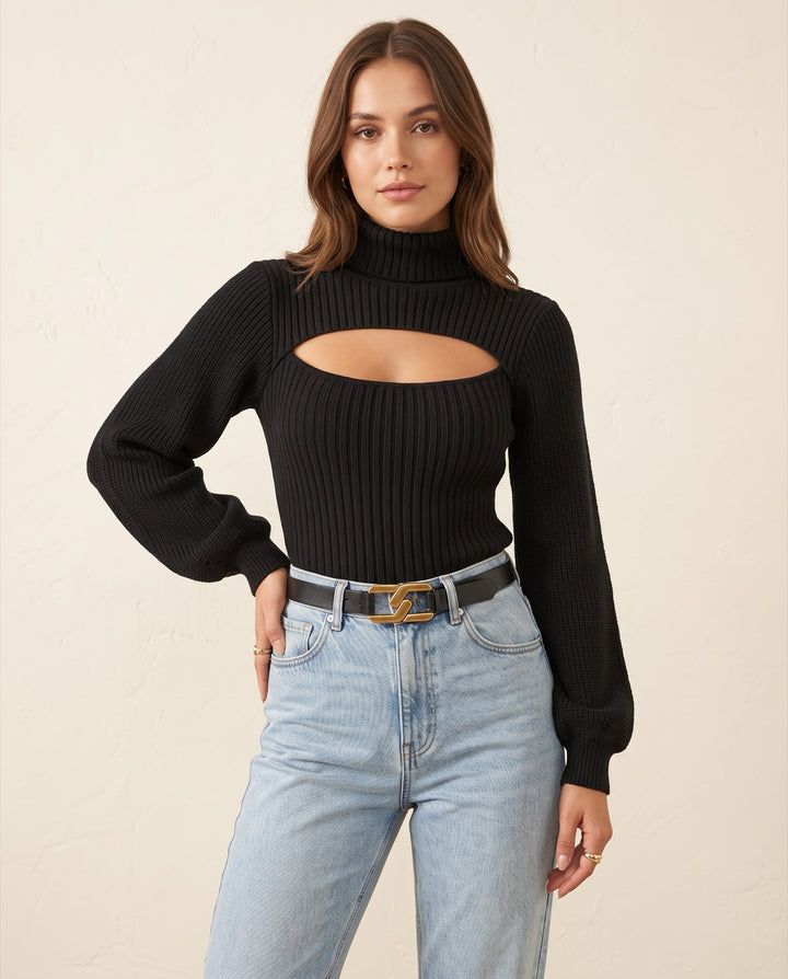 High-Neck Open-Knit Sweater