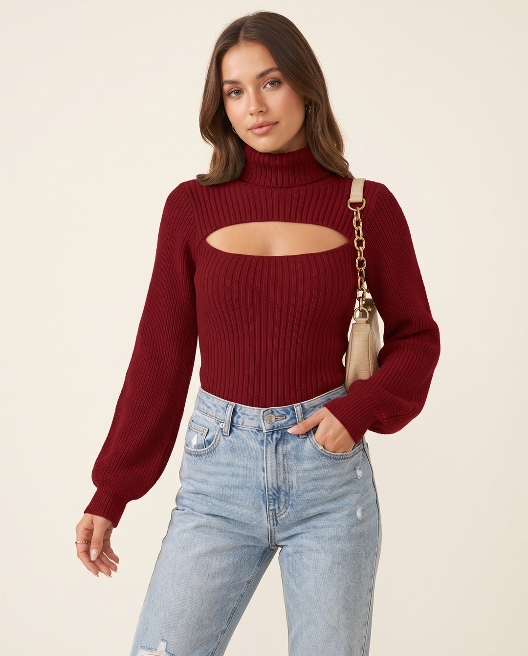 High-Neck Open-Knit Sweater
