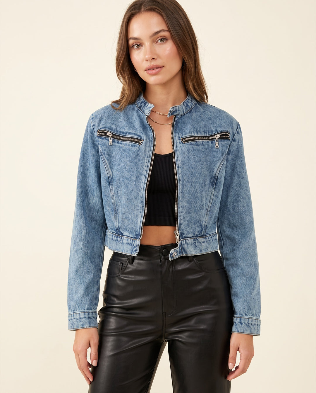 Cropped Denim Moto Jacket