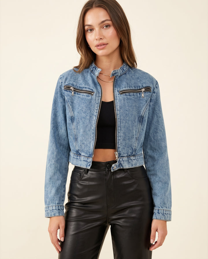 Cropped Denim Moto Jacket