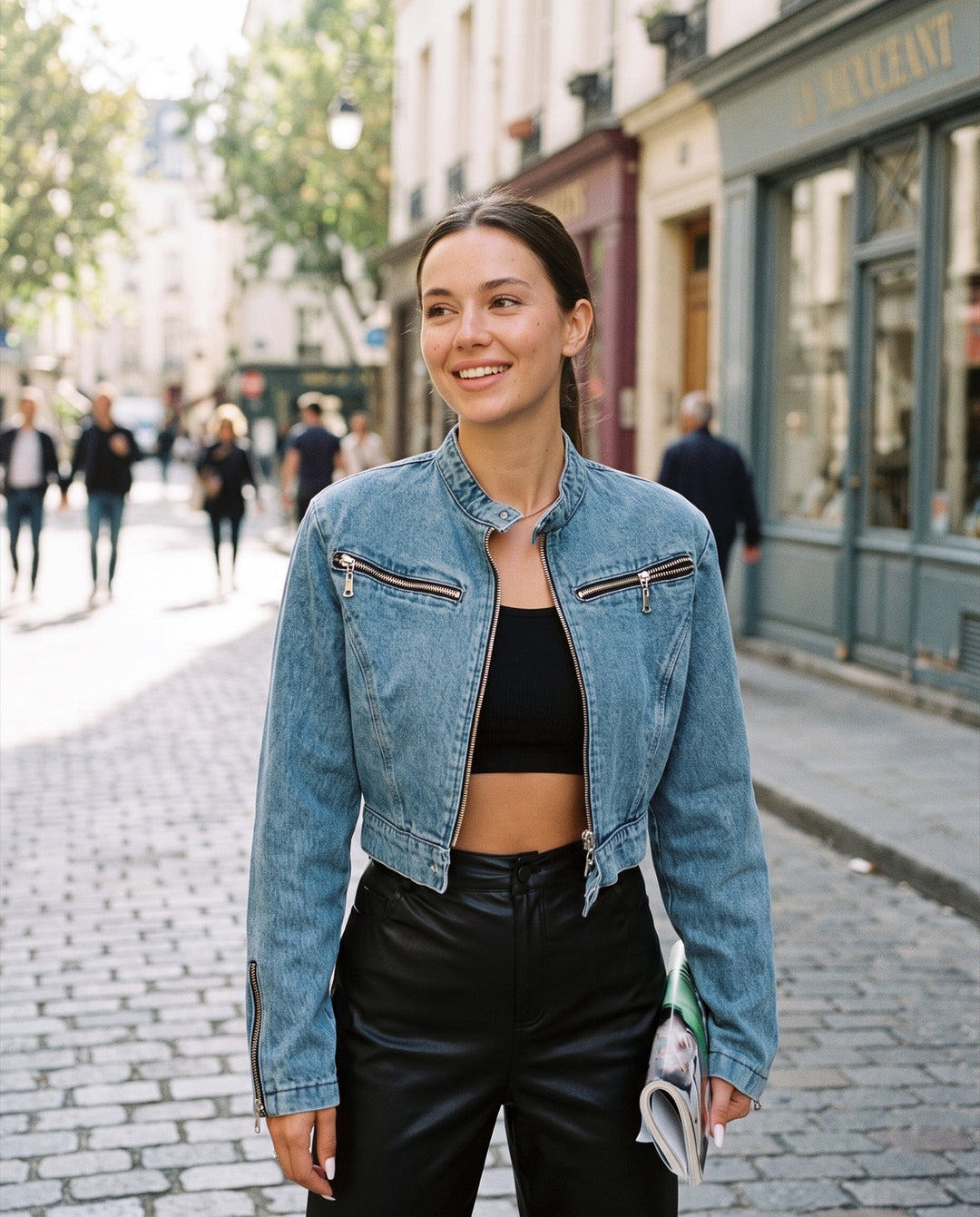 Cropped Denim Moto Jacket