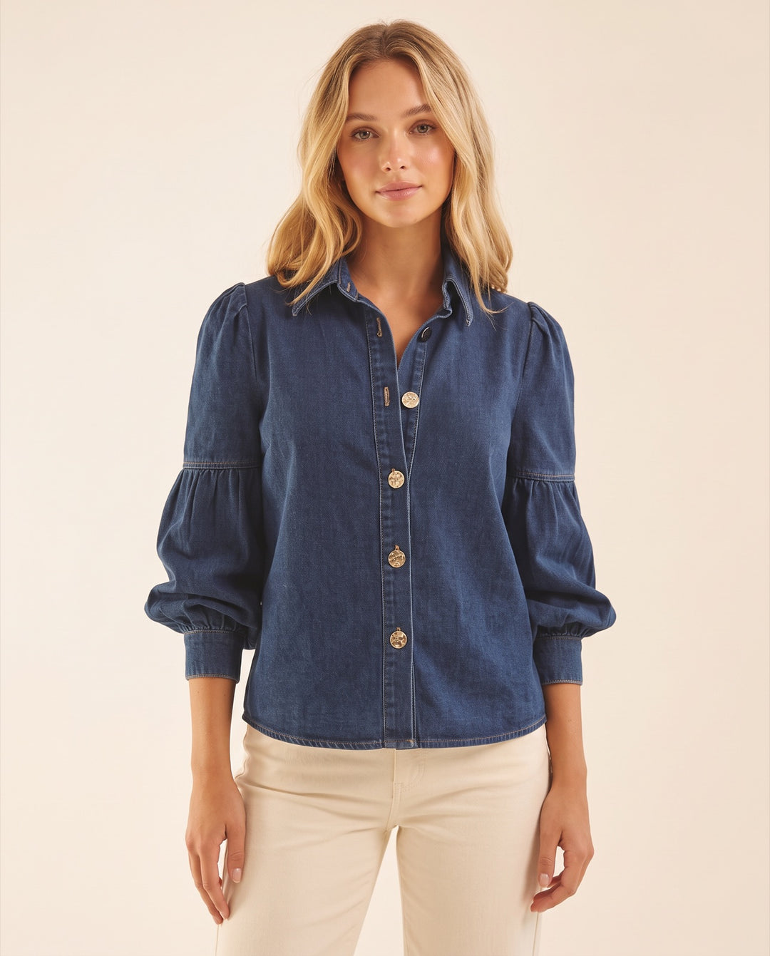 Puff-Sleeve Denim Blouse