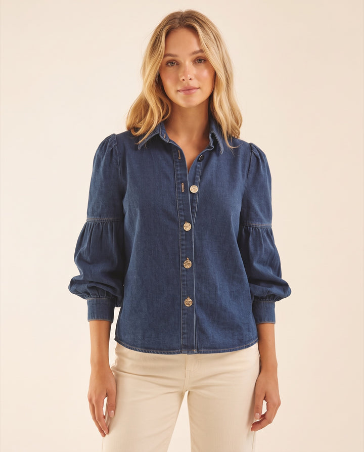Puff-Sleeve Denim Blouse