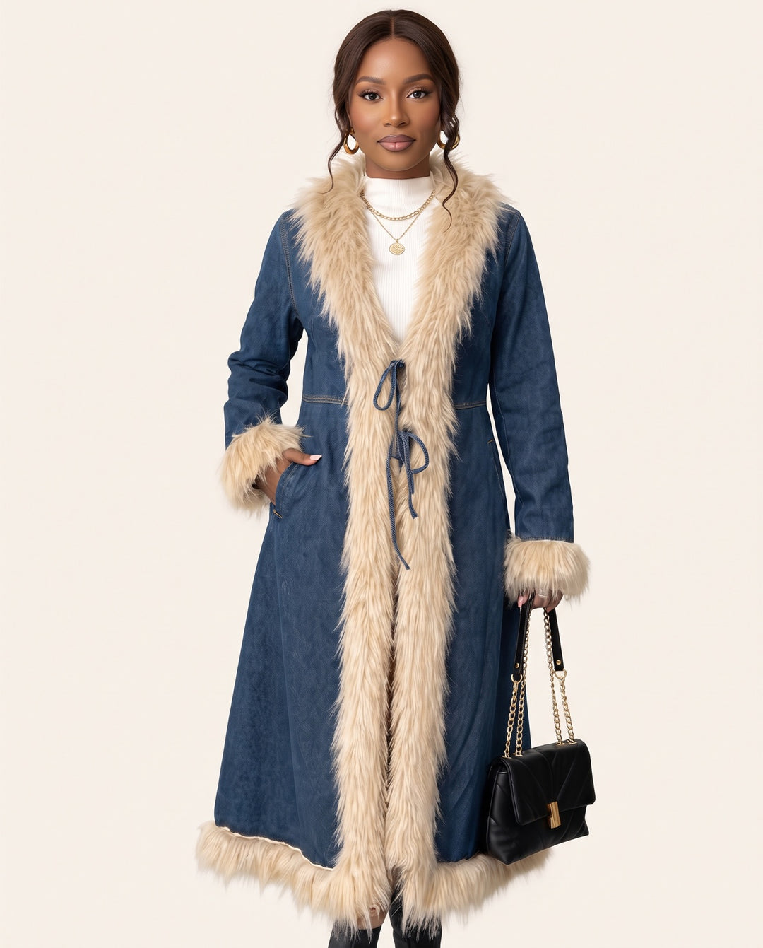 Faux-Fur Trim Denim Coat