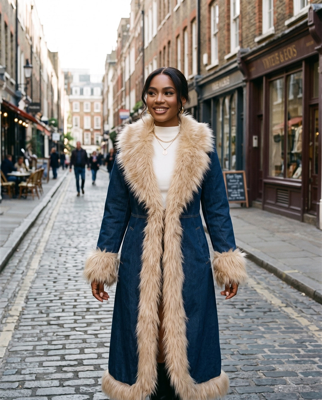 Faux-Fur Trim Denim Coat