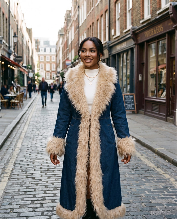 Faux-Fur Trim Denim Coat