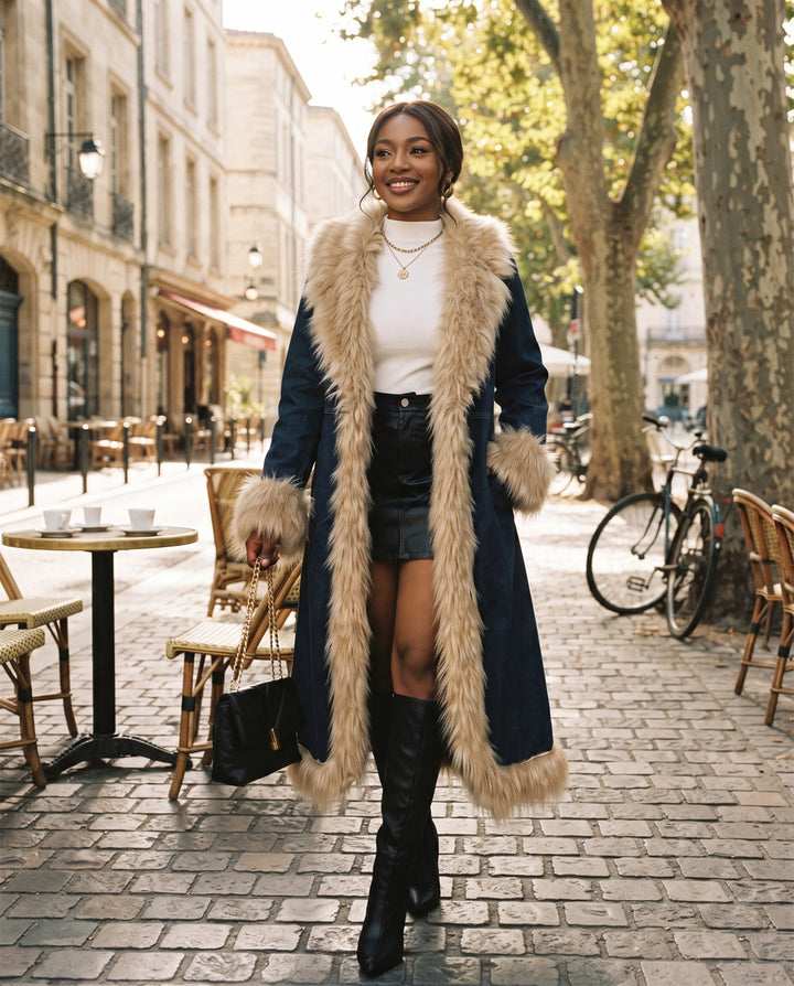 Faux-Fur Trim Denim Coat